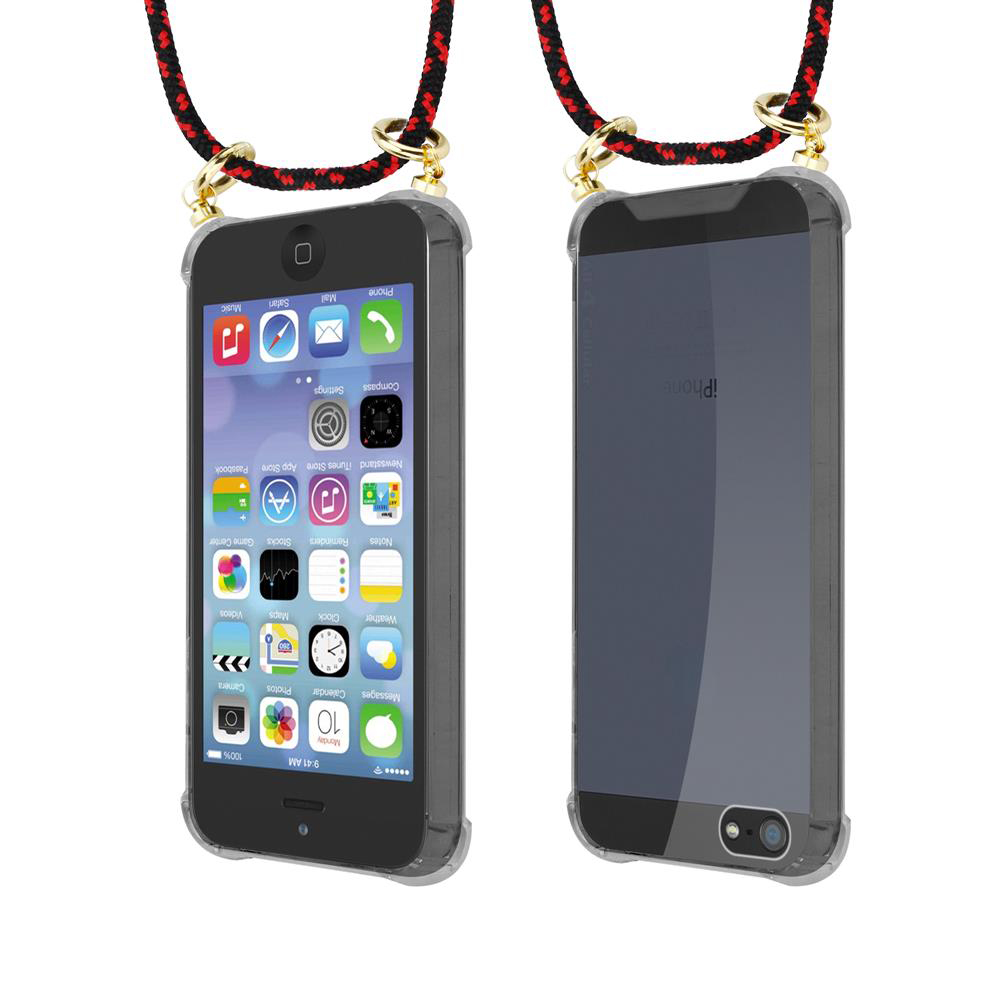 Due iPhone in custodie trasparenti con cordini rossi e neri. Uno mostra app, l'altro il retro.