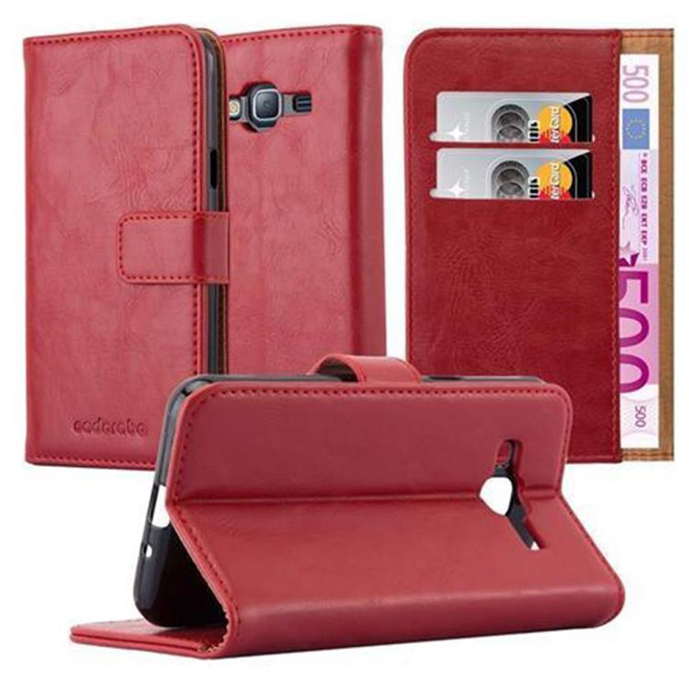Custodia rossa in pelle per telefono con fessure per carte e banconote.