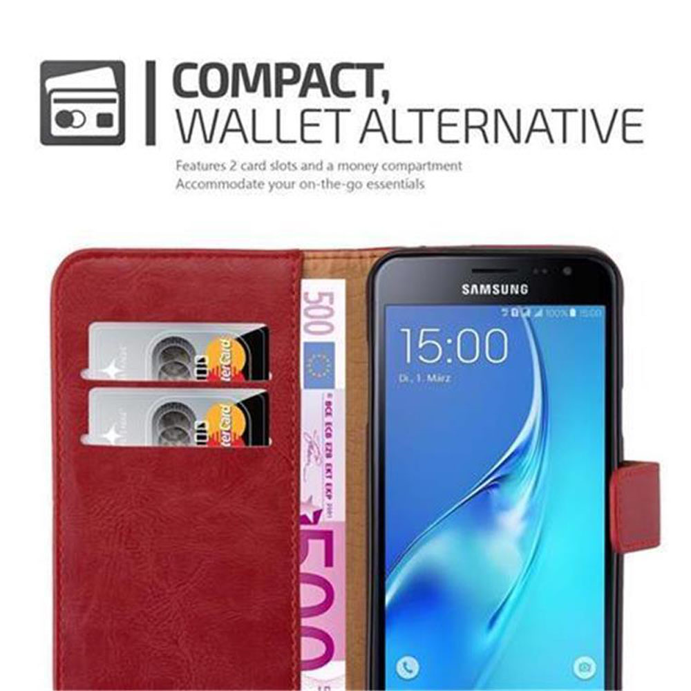 Portafoglio rosso con due slot per carte e un telefono Samsung che mostra le 15:00.