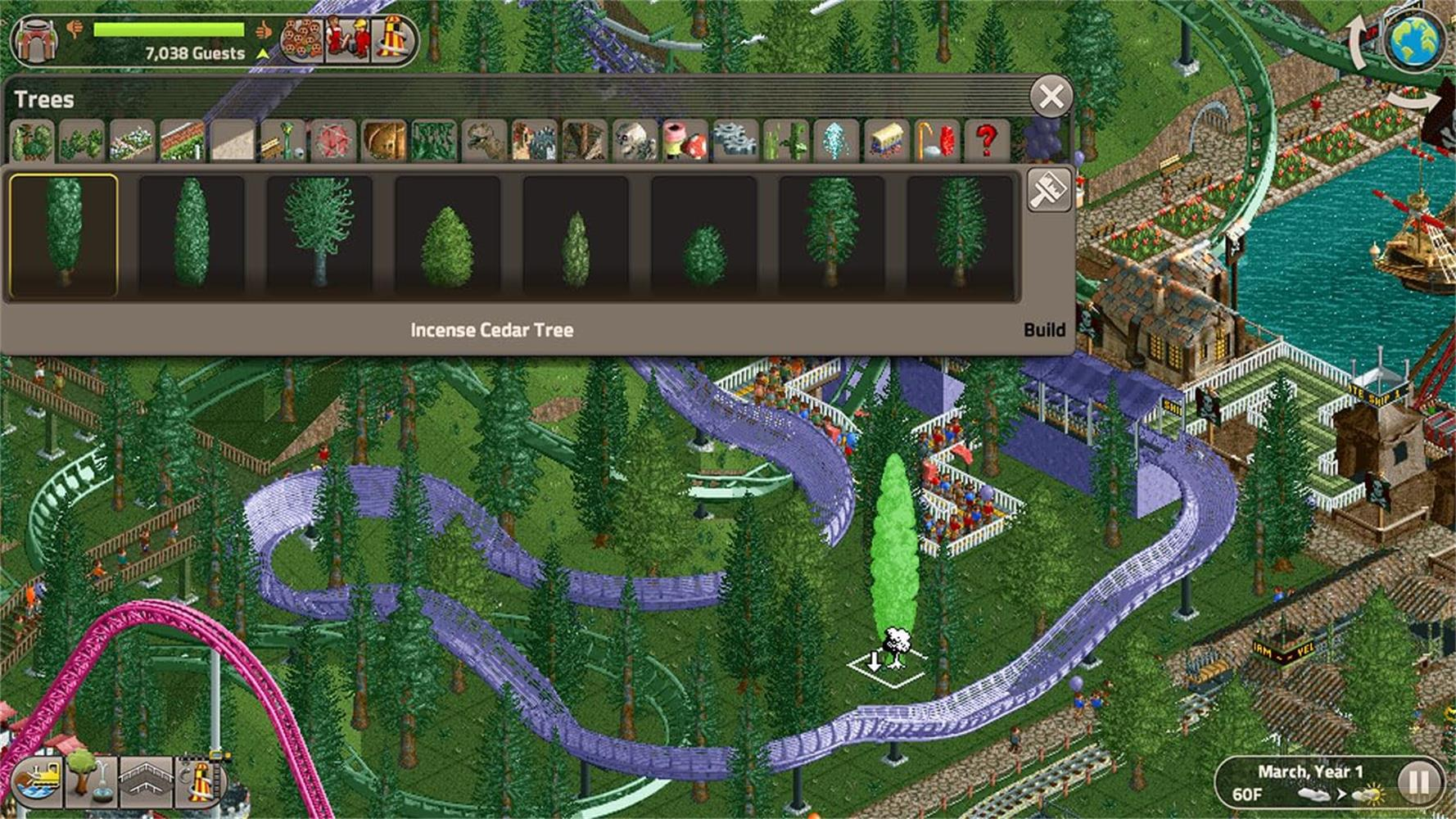 Scena del parco con menu di selezione alberi e montagne russe.