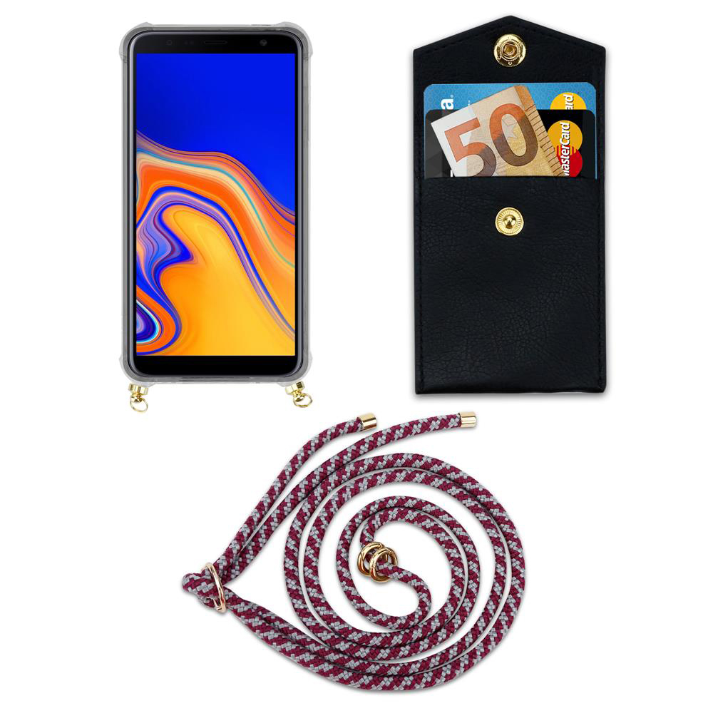 Smartphone con custodia, porta carte nero con banconota da 50€, cordino.