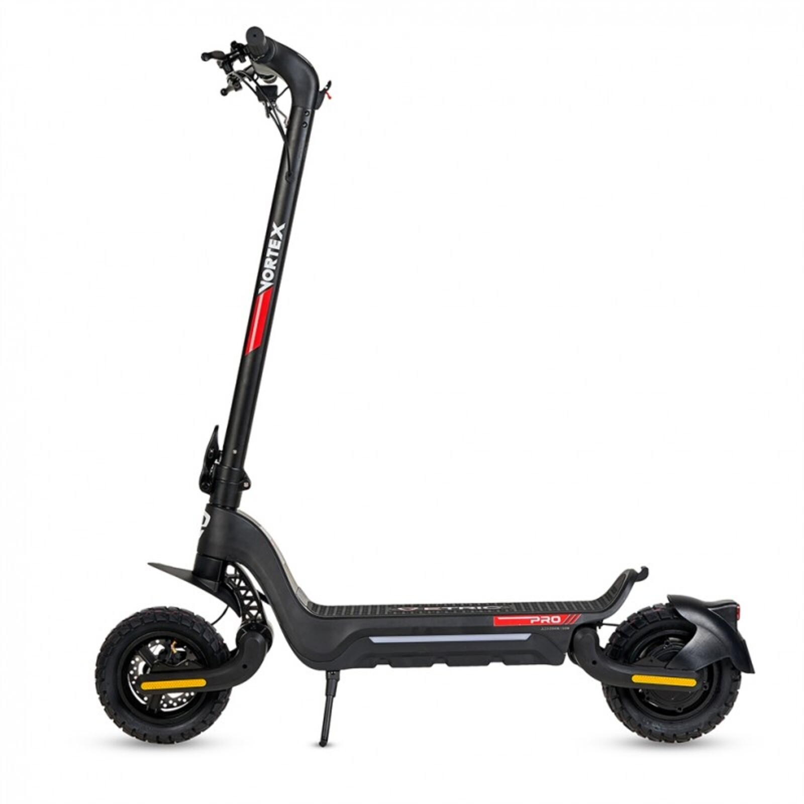 Un patinete eléctrico negro con detalles rojos y la marca VORTEX.