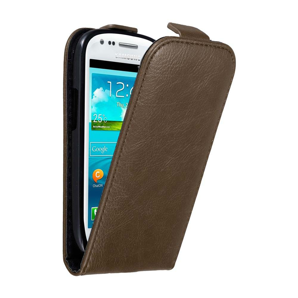Braune Lederhülle für ein Samsung Smartphone mit Uhrzeit und Wetteranzeige.