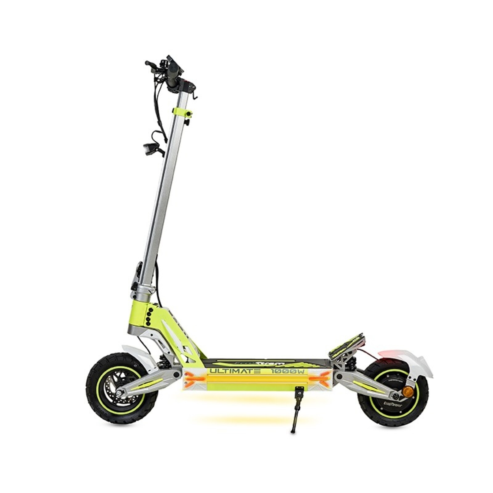 Un patinete eléctrico verde lima con manillar plateado y ruedas negras.