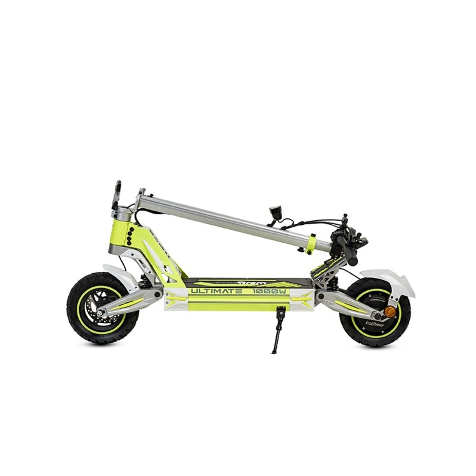Un patinete eléctrico amarillo y plateado con ruedas negras y guardabarros blancos.