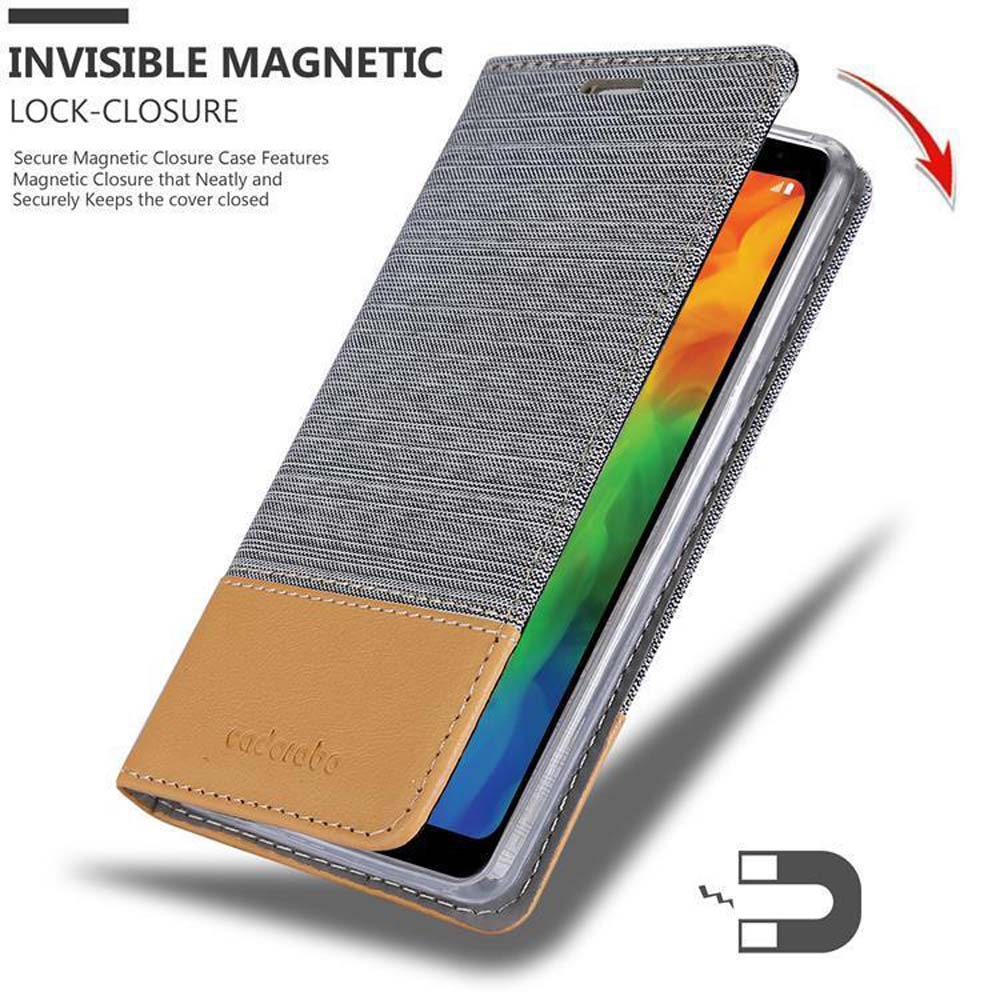 Custodia per telefono in tessuto grigio e pelle cuoio, chiusura magnetica.