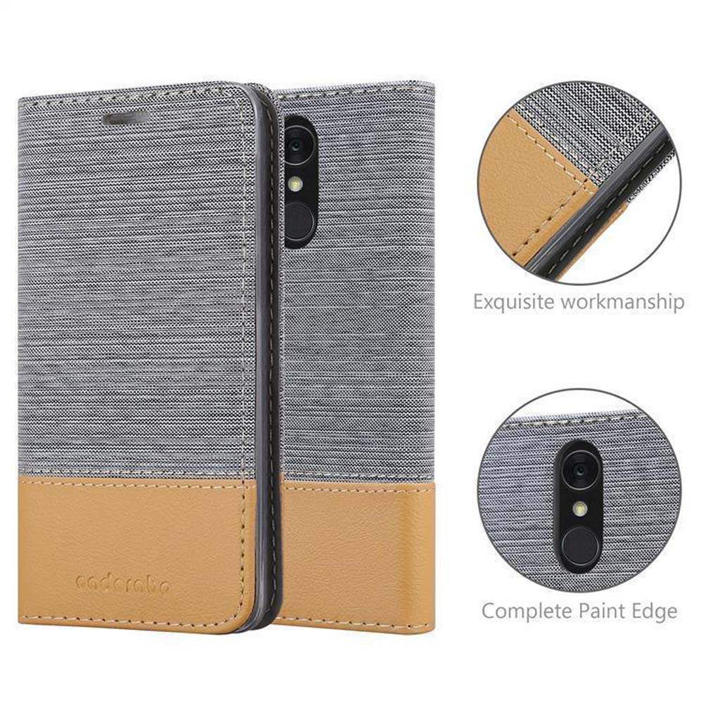 Custodia per telefono in tessuto grigio con accento in pelle cuoio.