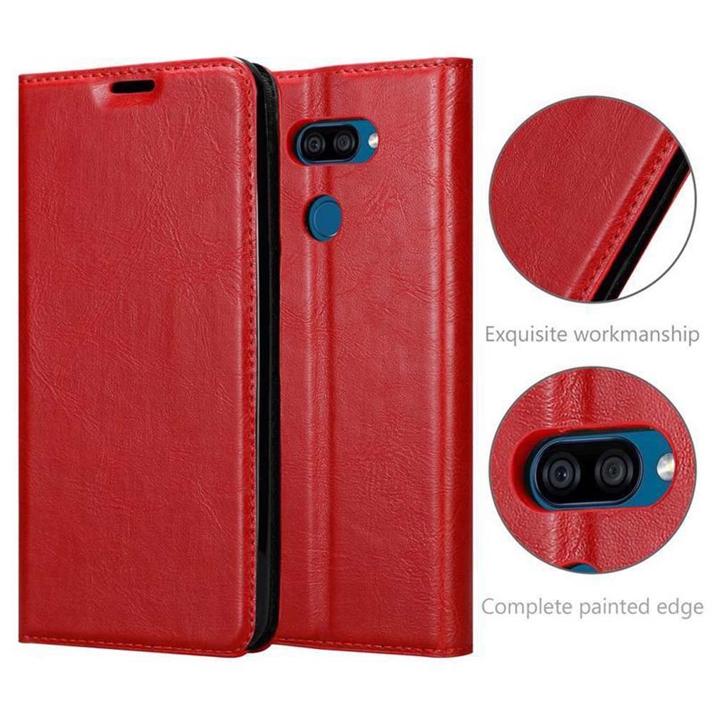 Custodia rossa in pelle per smartphone, con obiettivo fotocamera.