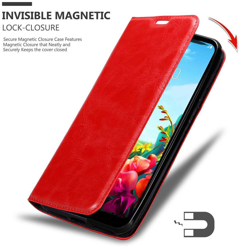 Custodia rossa per telefono con chiusura magnetica, mostra un telefono con sfondo floreale.