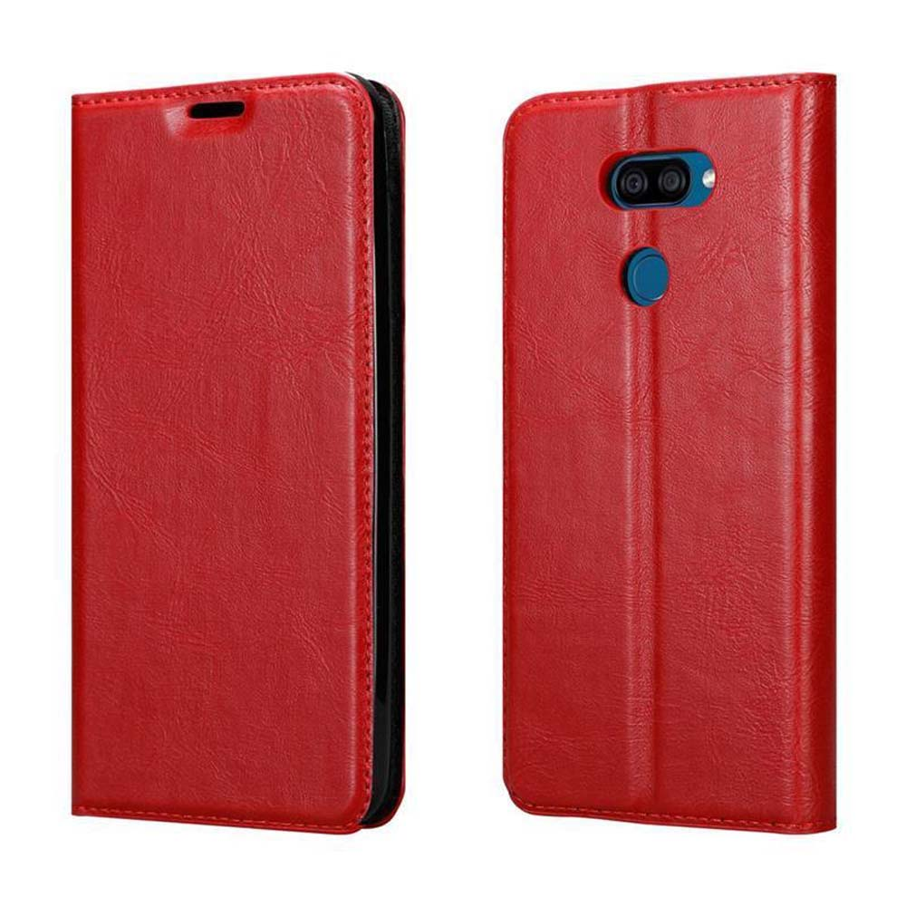 Custodia per telefono rossa mostrata chiusa e aperta, su sfondo bianco.