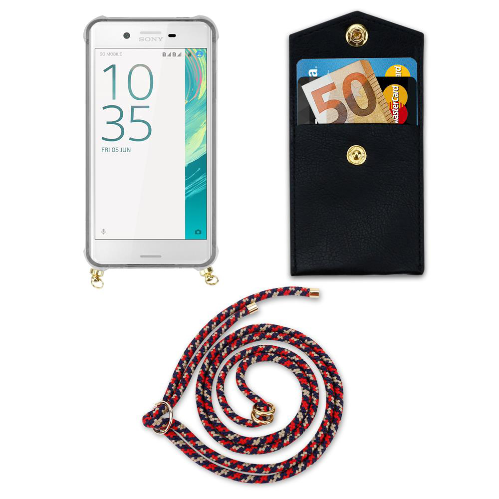 Sony Smartphone mit schwarzer Hülle, Geldbörse mit Geld und Karten, und Lanyard.