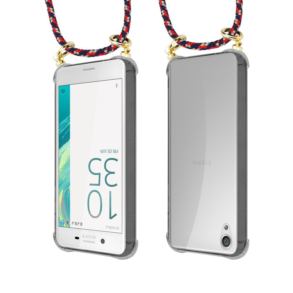 Zwei Sony Xperia Smartphones mit Trageband, Vorder- und Rückansicht.