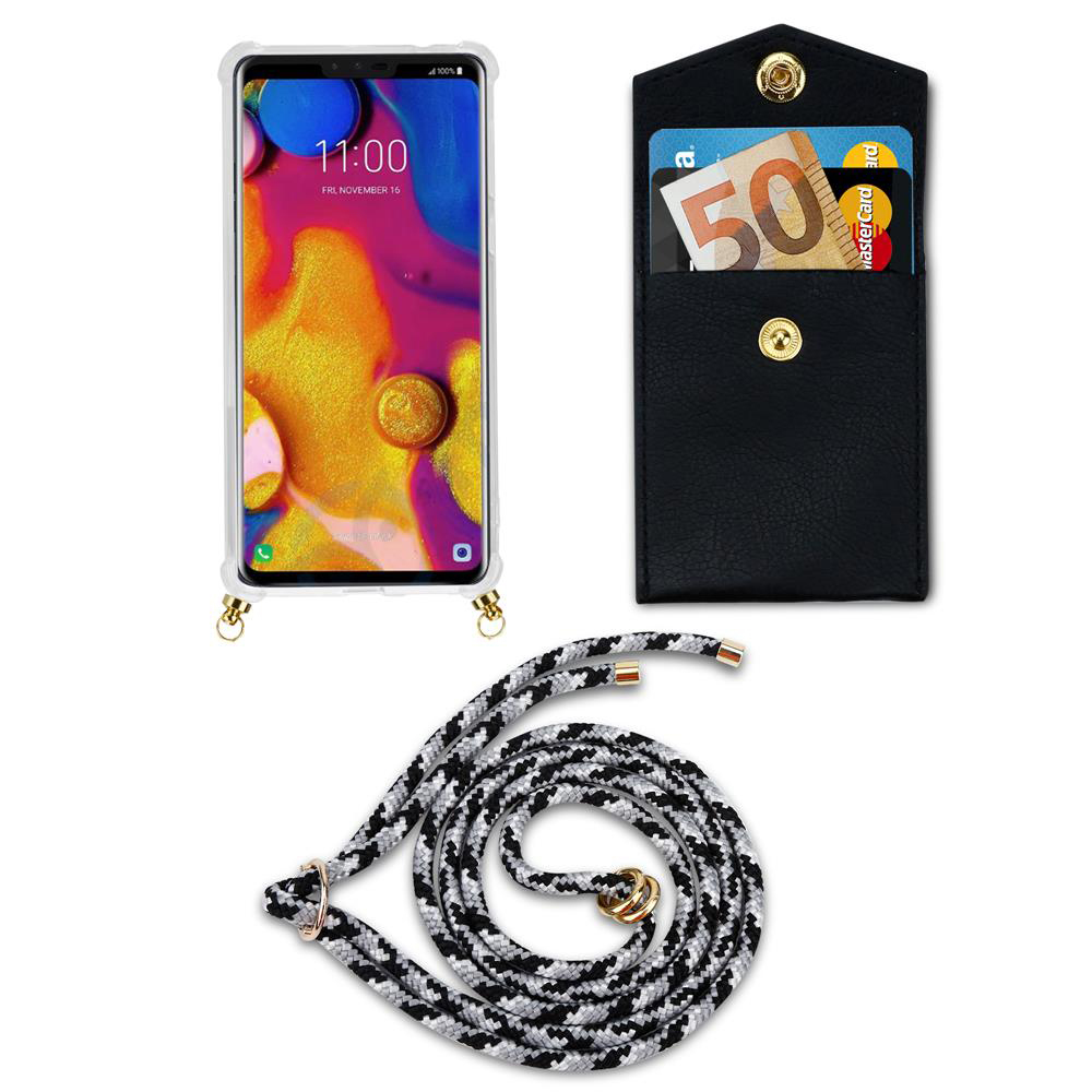 Smartphone mit Hülle, schwarze Geldbörse mit Karten und 50-Euro-Schein, Lanyard.