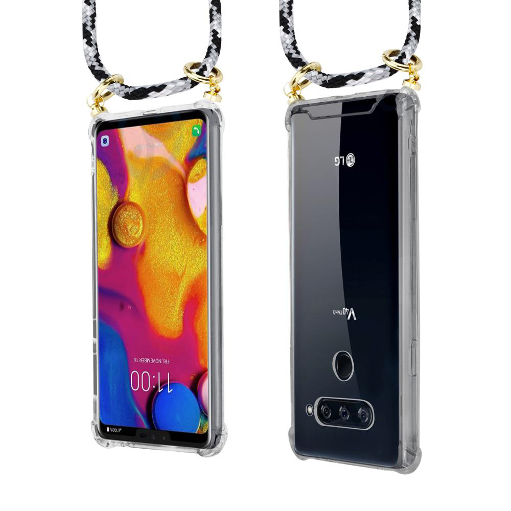 Zwei LG-Smartphones in transparenten Hüllen mit einem Band. Vorderseite zeigt bunte Tapete.