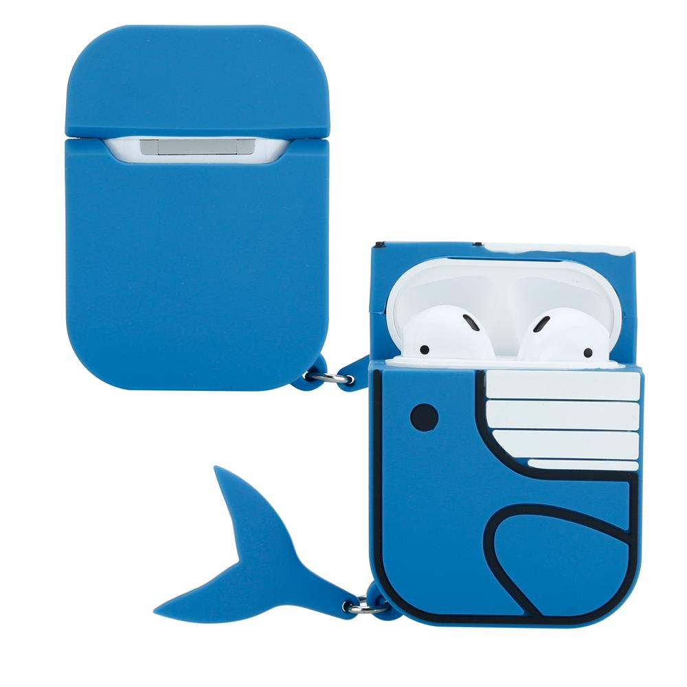 Blauer Wal-AirPod-Hülle, offen mit weißen AirPods und geschlossen mit Schwanz.