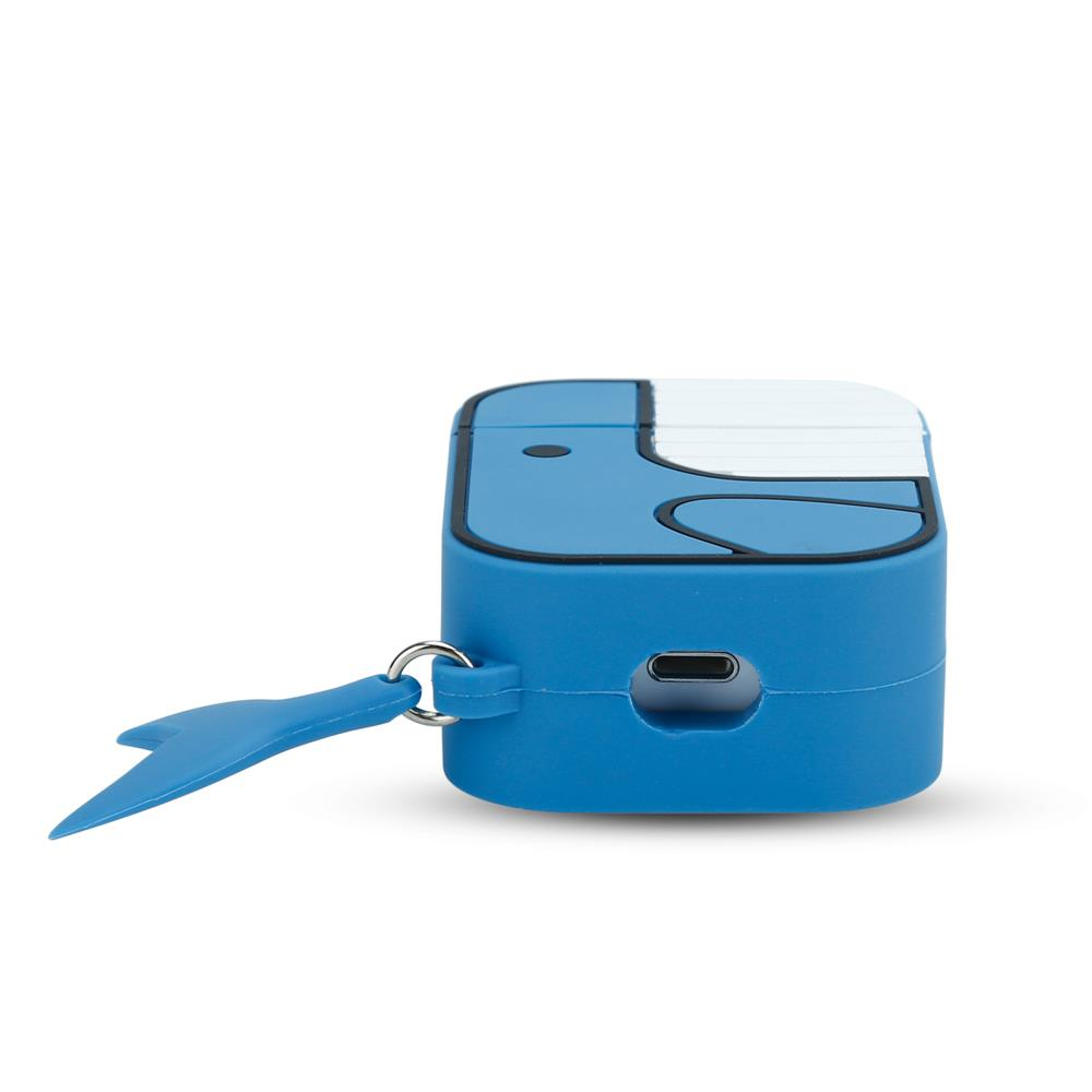Blaues Wal-Etui für Kopfhörer mit einem kleinen blauen Anhänger.