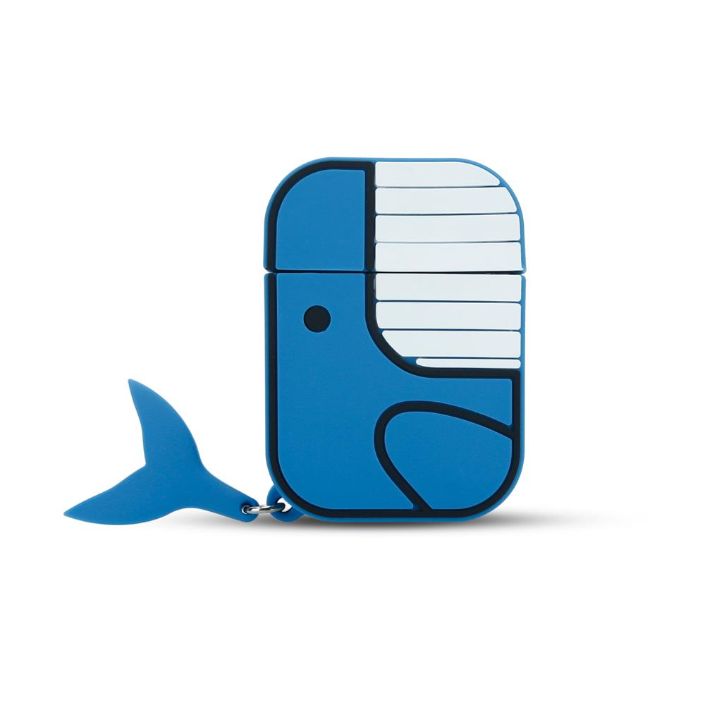 Ein blauer Wal-förmiger USB-Stick mit einem Schwanz-Schlüsselanhänger auf weißem Hintergrund.