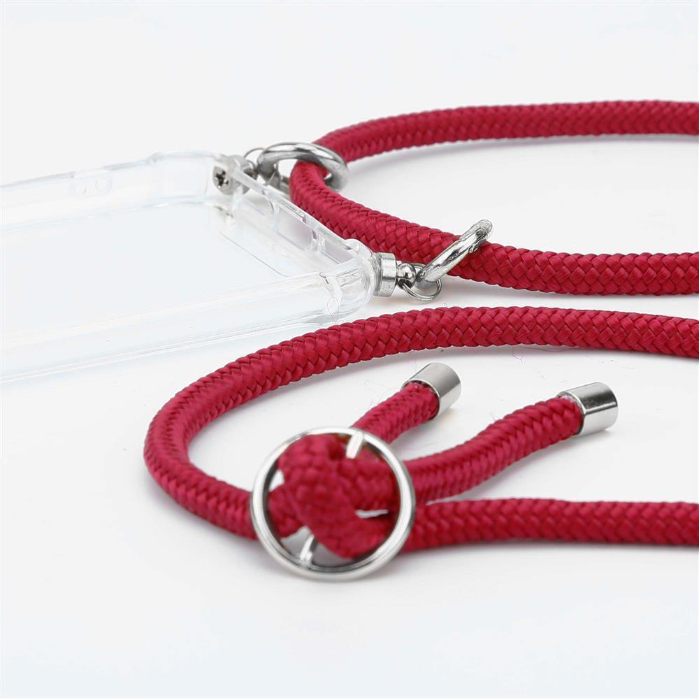 Cordino rosso con finiture argentate e dettaglio cover trasparente.