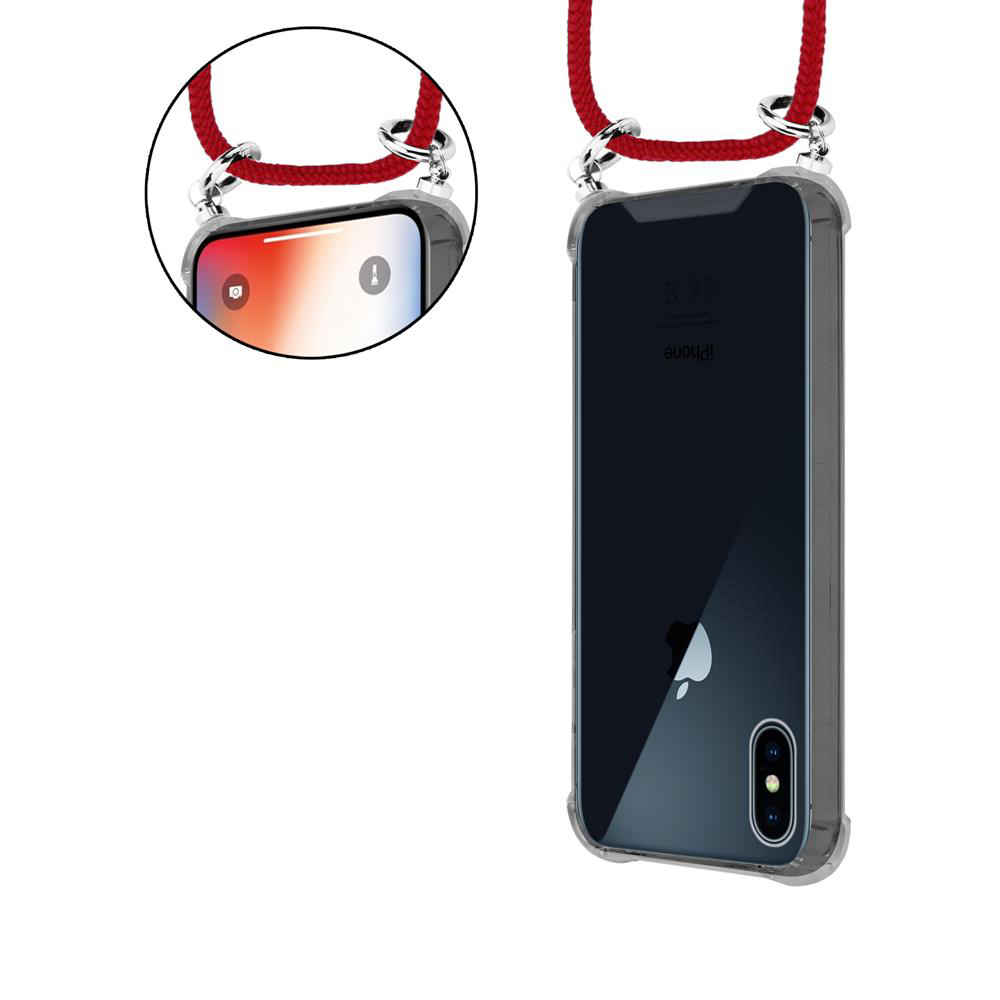 Un iPhone in custodia trasparente con laccetto rosso, primo piano.