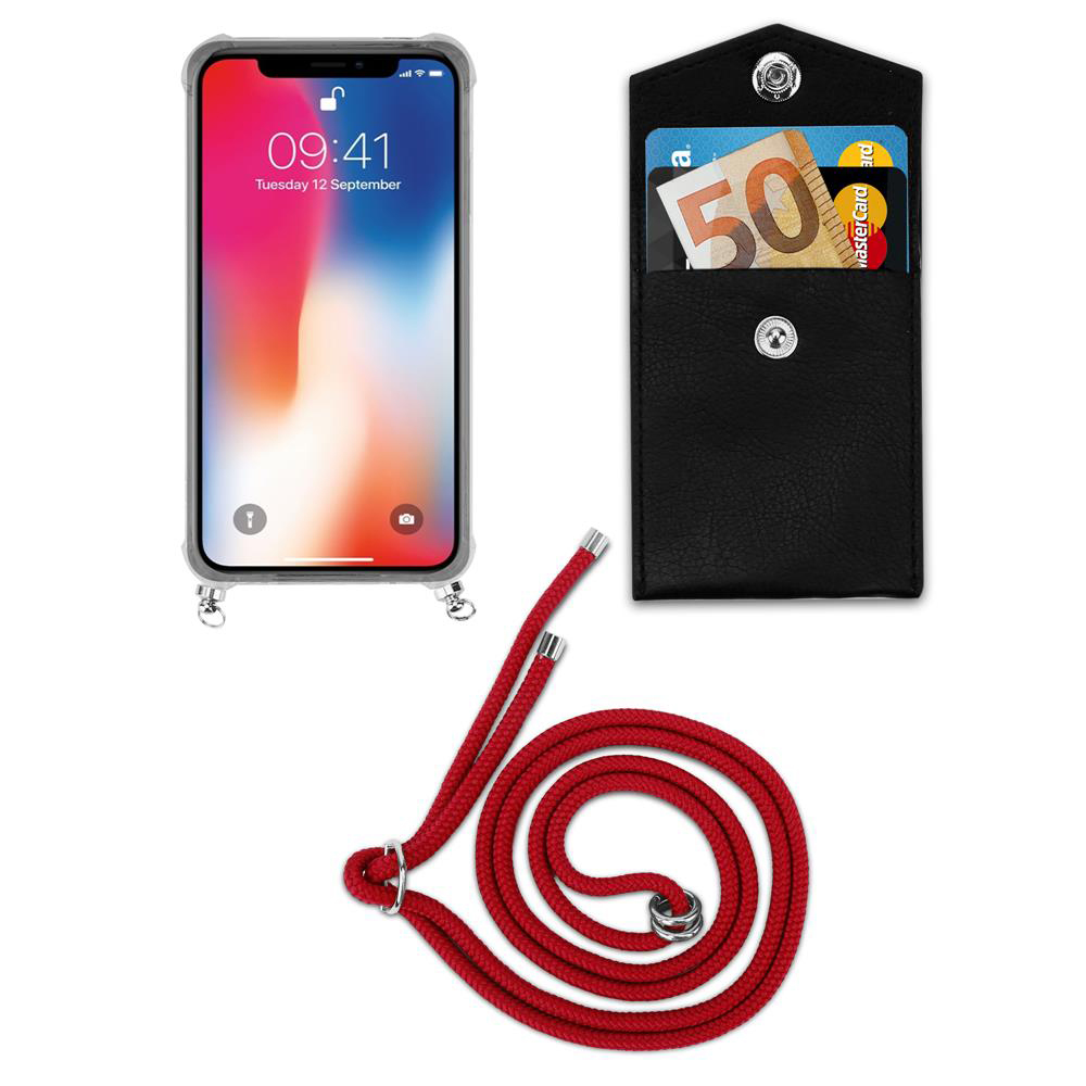 Smartphone con schermo bloccato, custodia nera con soldi e carta, cordino rosso.