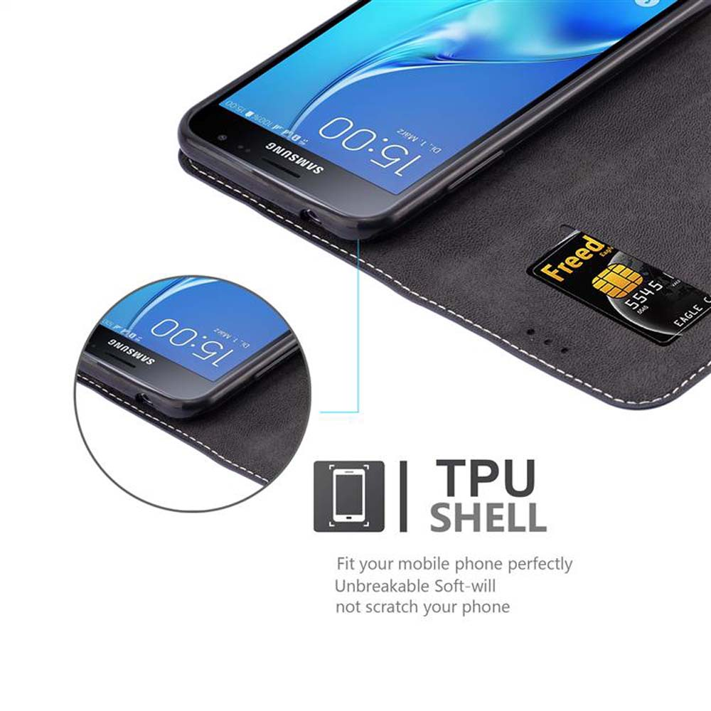 Un cellulare nero in una custodia a flip aperta con scheda SIM. Un piccolo cerchio mostra il display.