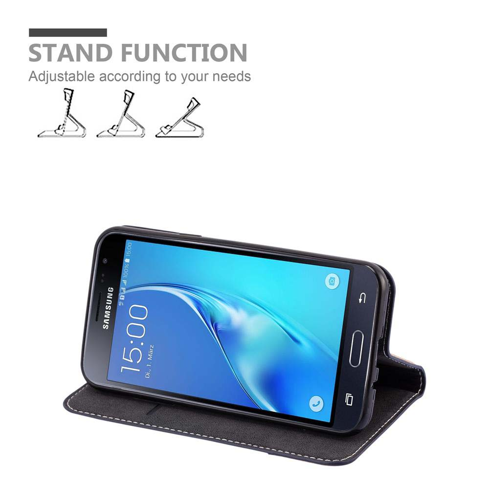 Uno smartphone Samsung in custodia nera con funzione stand.