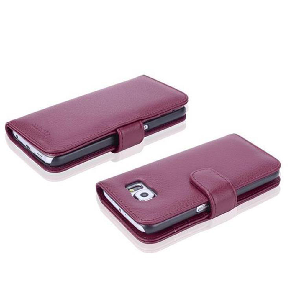 Due custodie per cellulare bordeaux a libro su sfondo bianco.