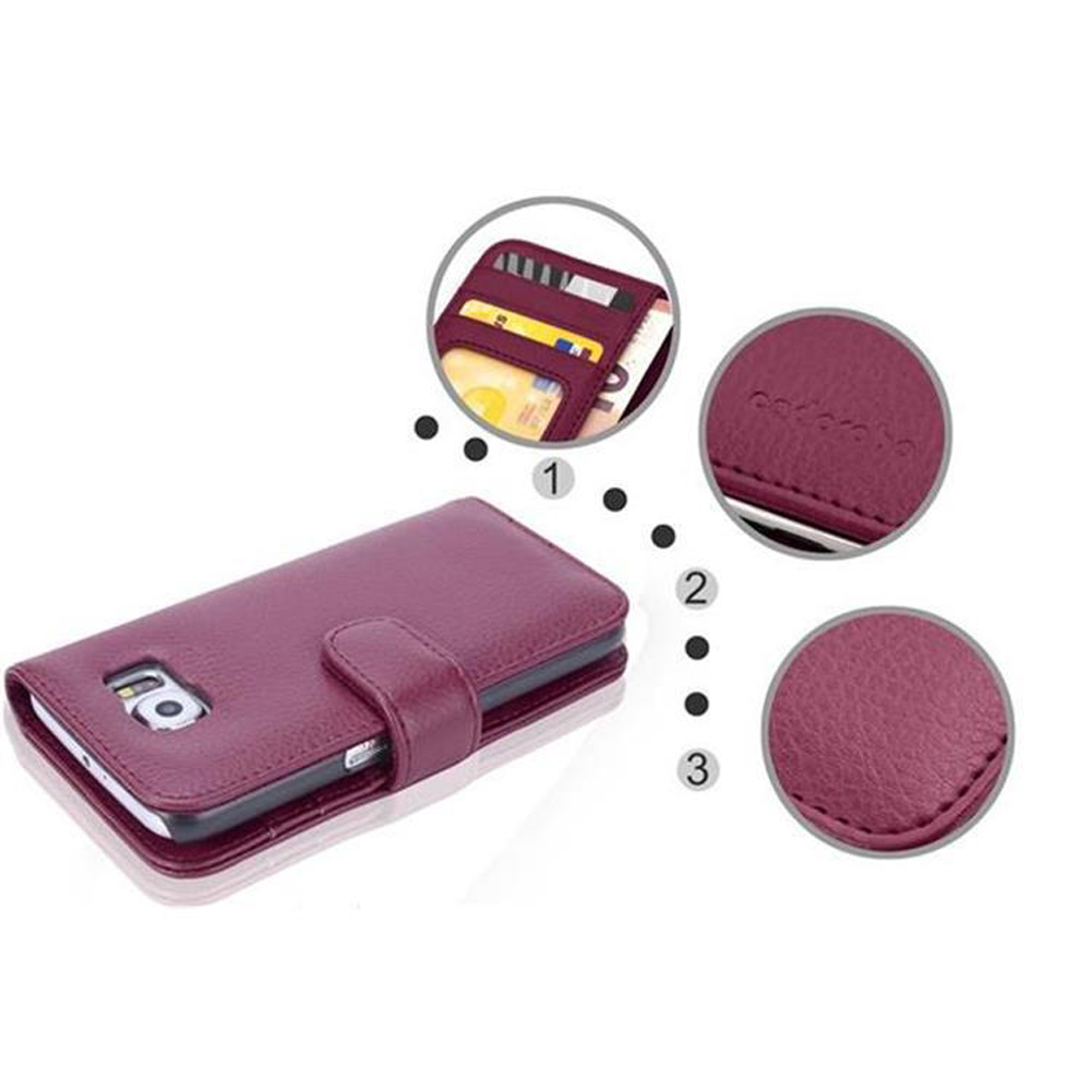 Una custodia per telefono color vinaccia con slot per carte e dettaglio di cucitura.