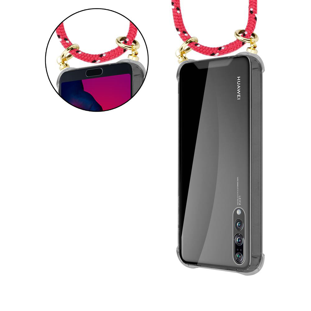 Uno smartphone nero con cordino rosso e hardware dorato attaccato a una custodia.