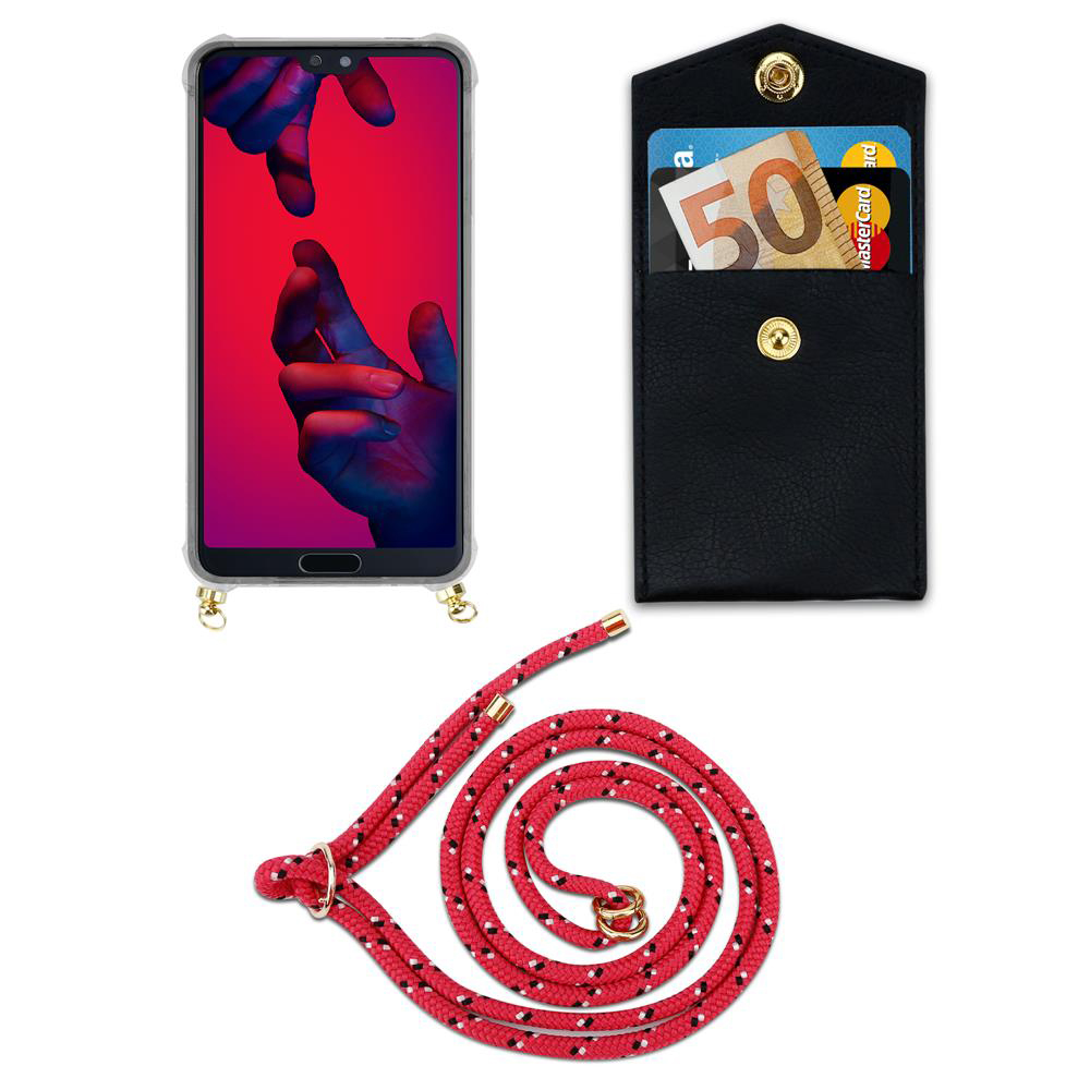 Smartphone con custodia, portafoglio nero con carte e soldi, corda rossa.