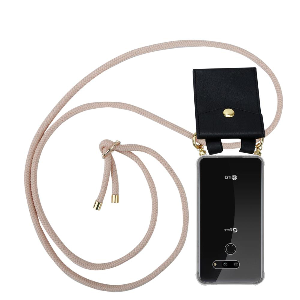 Schwarze Handyhülle mit Kordel und kleiner Tasche, mit LG-Logo.