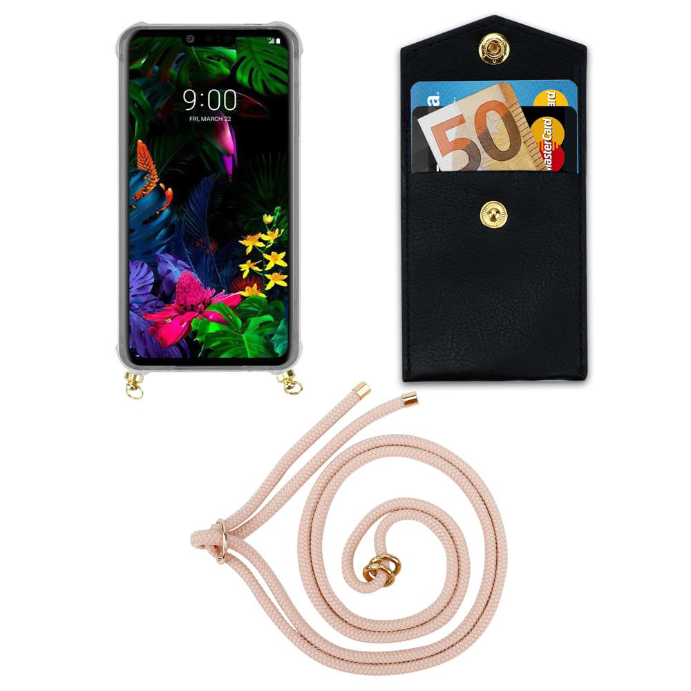 Ein Smartphone mit bunter Hintergrundgrafik, eine schwarze Brieftasche mit Karten und Geldscheinen und eine rosafarbene Kordel.