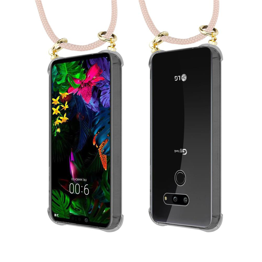 Vorder- und Rückseite eines Smartphones mit Lanyard, das einen farbenfrohen Startbildschirm zeigt.