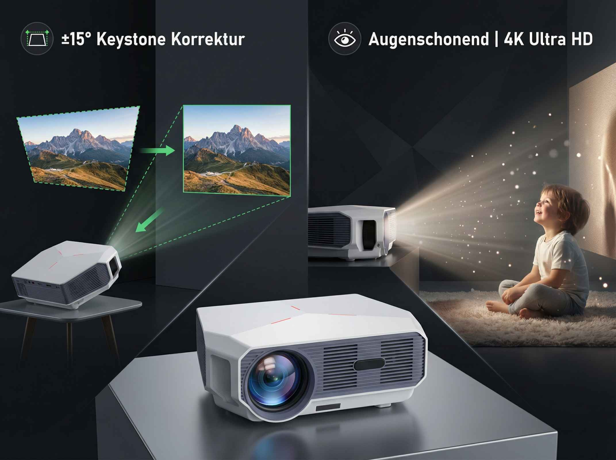 Beamer mit Berggansicht und einem Kind, das den Lichtstrahl betrachtet.