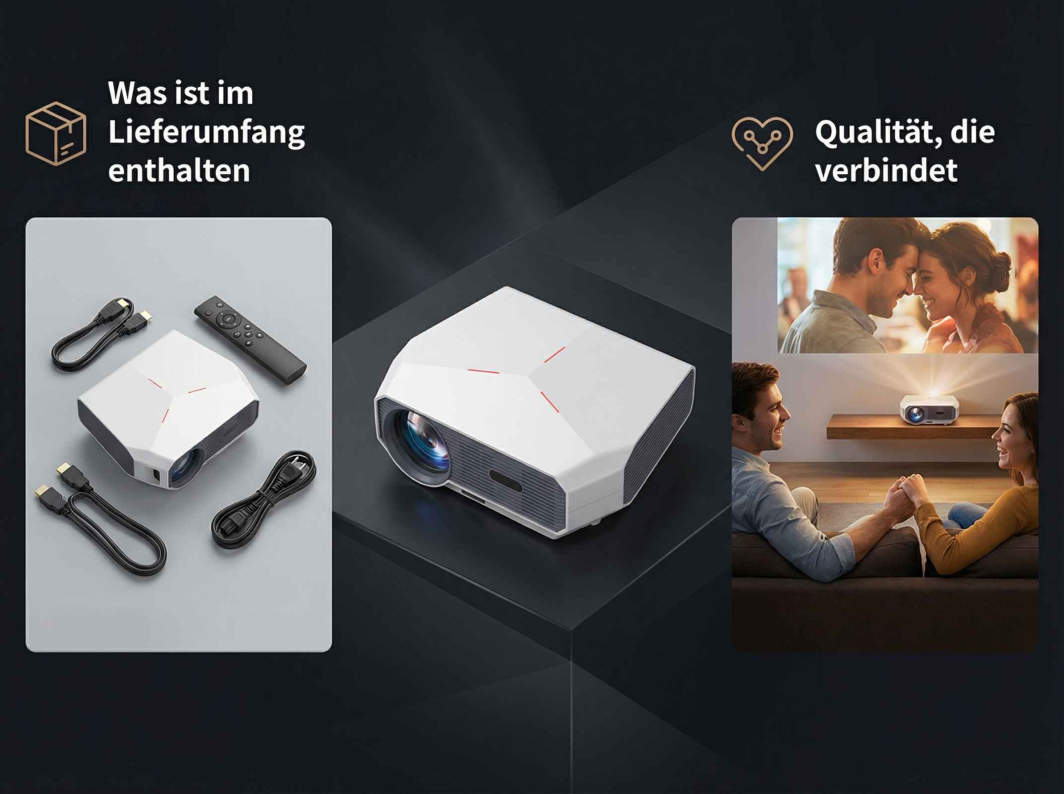 Ein Projektor mit Zubehör und ein Paar, das einen Film genießt.