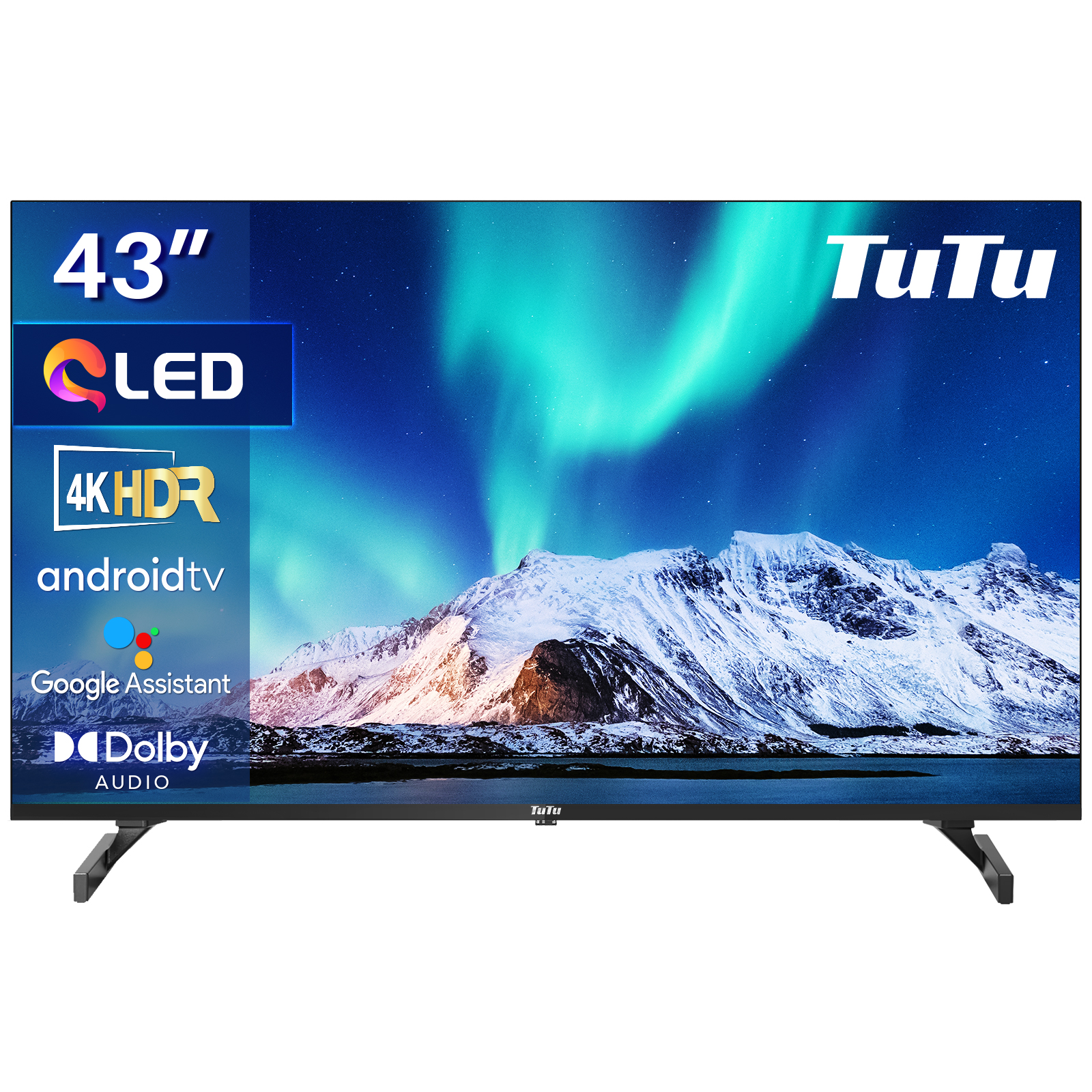 Ein 43-Zoll-QLED-Fernseher mit 4K HDR und Android TV zeigt die Aurora Borealis.