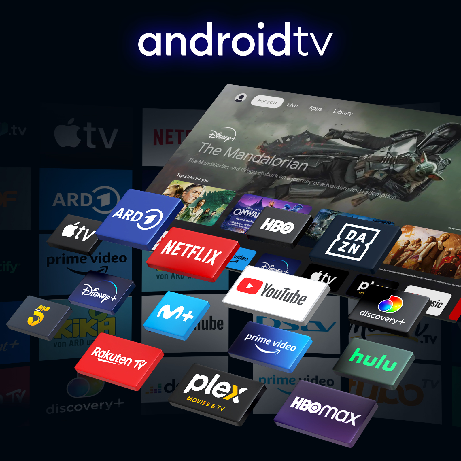 Android TV Logo mit vielen Streaming-App-Logos wie Netflix, Disney+, YouTube.