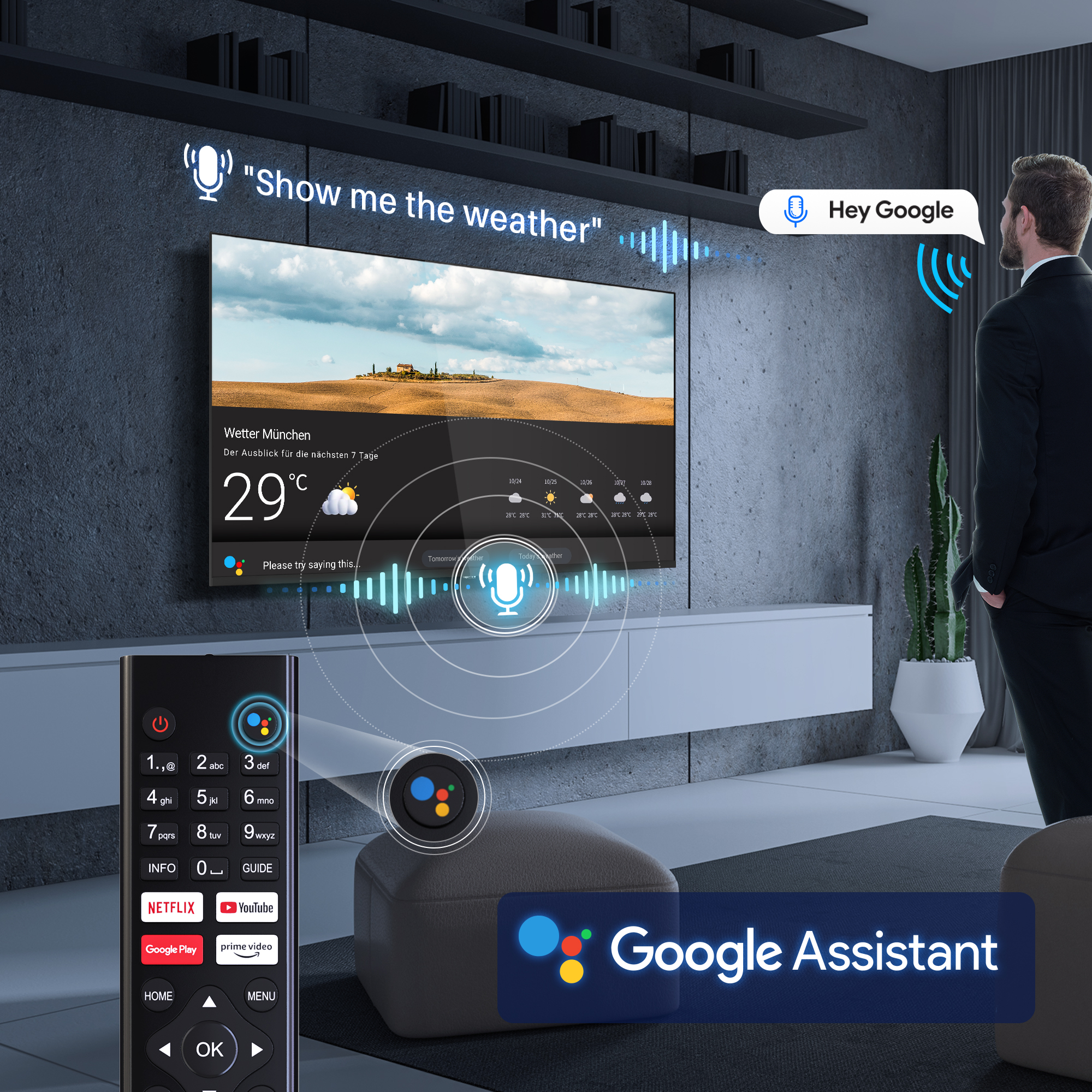 Ein Mann spricht zu einem Smart TV, der das Wetter anzeigt. Eine Fernbedienung liegt auf einem Hocker.