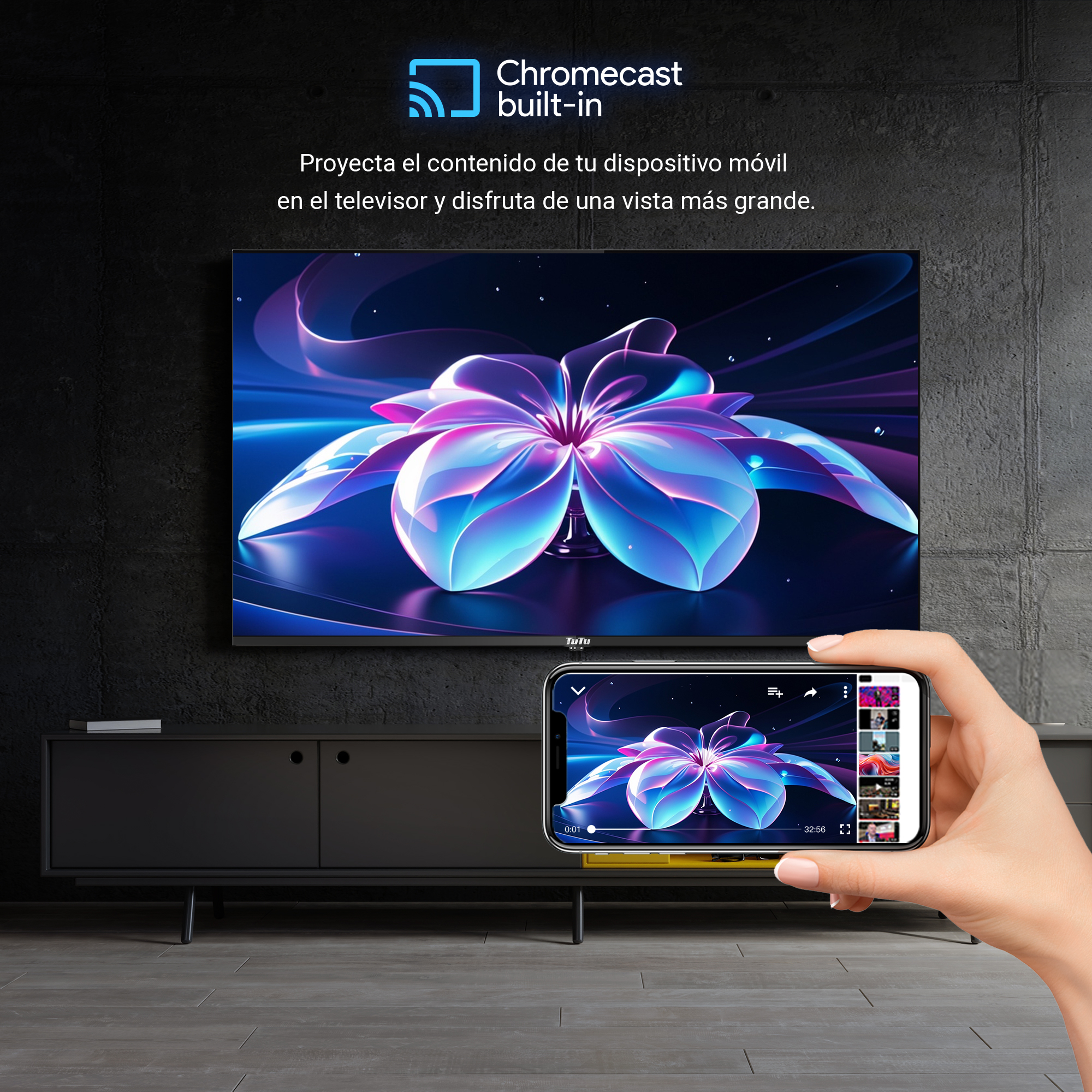 Ein Smartphone spiegelt ein abstraktes Blumenbild auf einen großen Fernseher.