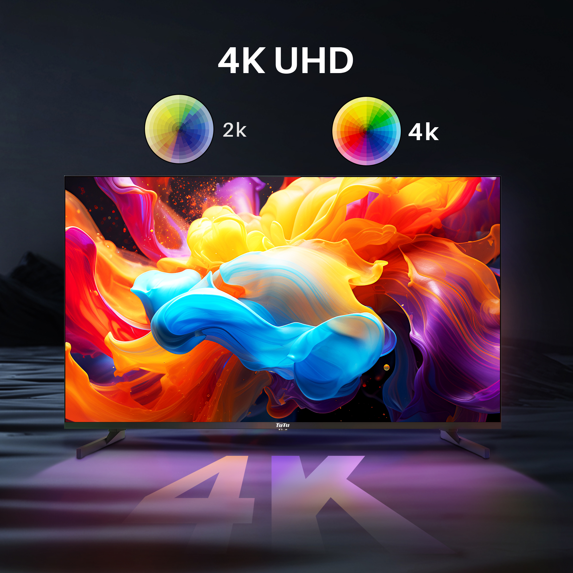 Ein 4K UHD-Fernseher zeigt ein lebendiges abstraktes Bild wirbelnder Farben: Gelb, Orange, Blau und Lila.