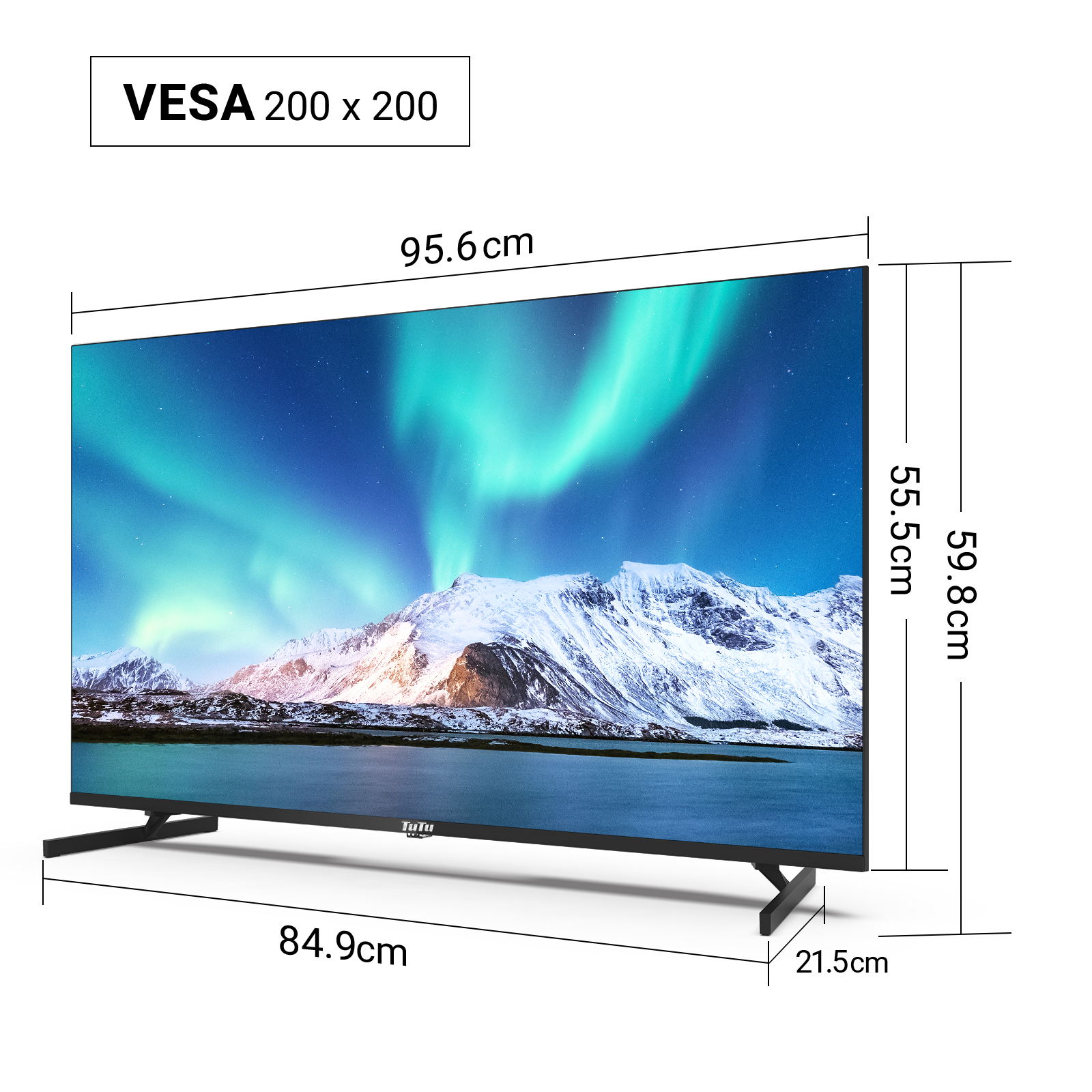 Ein moderner Flachbildfernseher mit VESA 200x200, 95,6 cm breit.