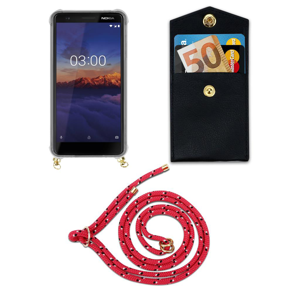 Ein Nokia-Handy mit Hülle, einer schwarzen Kartenhalter-Tasche und einem roten Lanyard.
