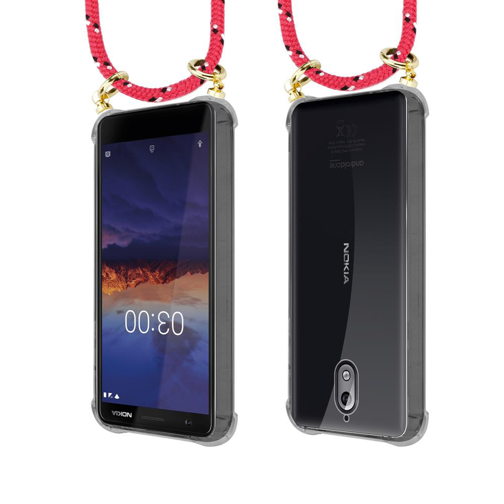 Zwei Nokia-Handys in transparenten Hüllen, mit roten Tragebändern.