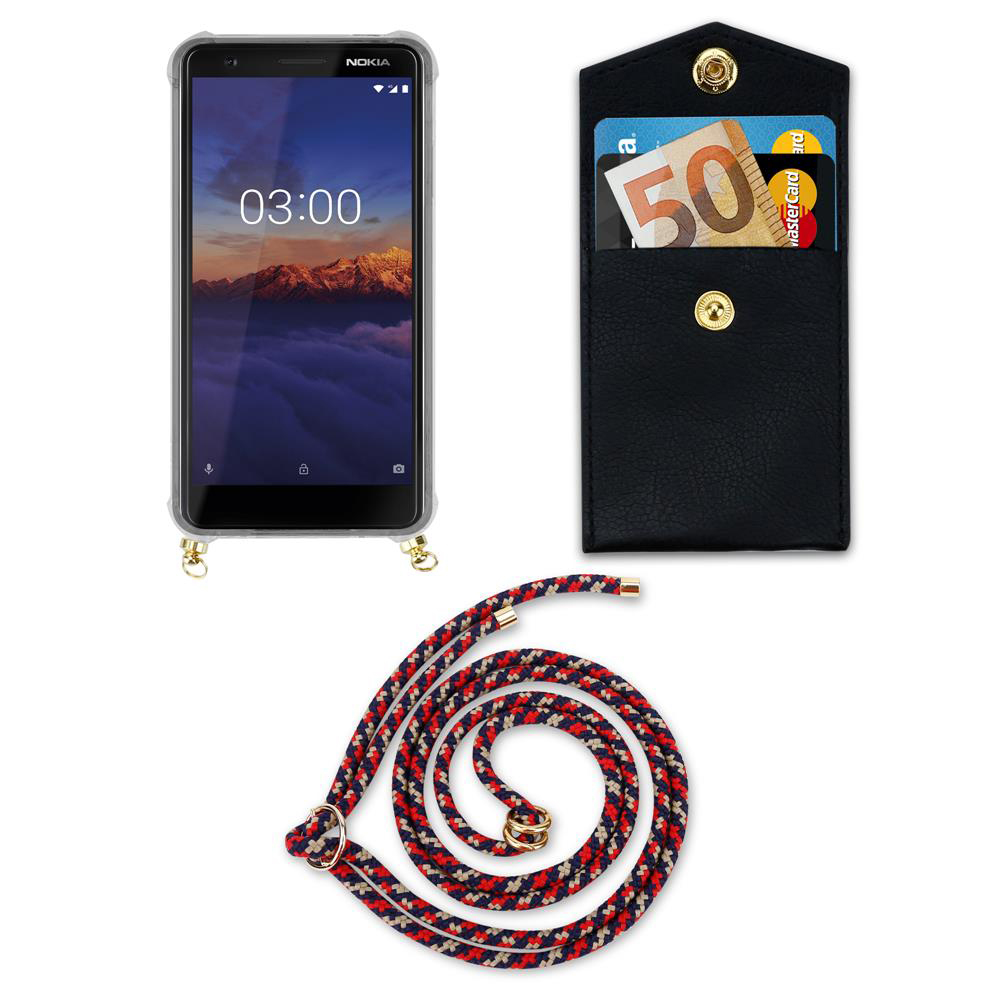 Nokia-Handy mit Hülle, Geldbörse mit Geld und Karten, Lanyard auf weißem Hintergrund.