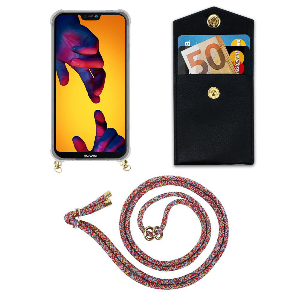 Uno smartphone in custodia, un portafoglio con carte e contanti, e un laccio.