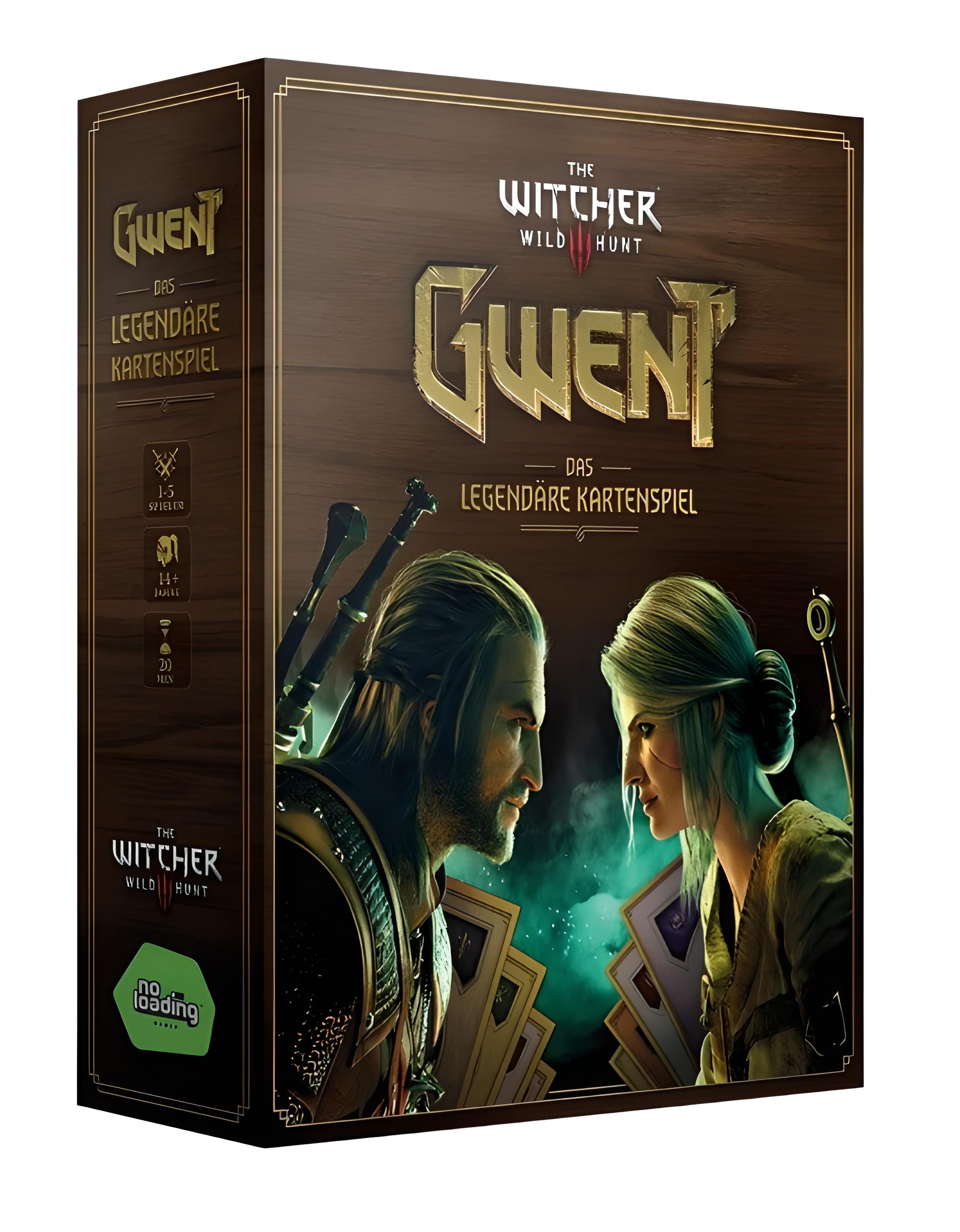 Die Gwent-Spielbox zeigt Geralt und Yennefer im Duell mit Karten.