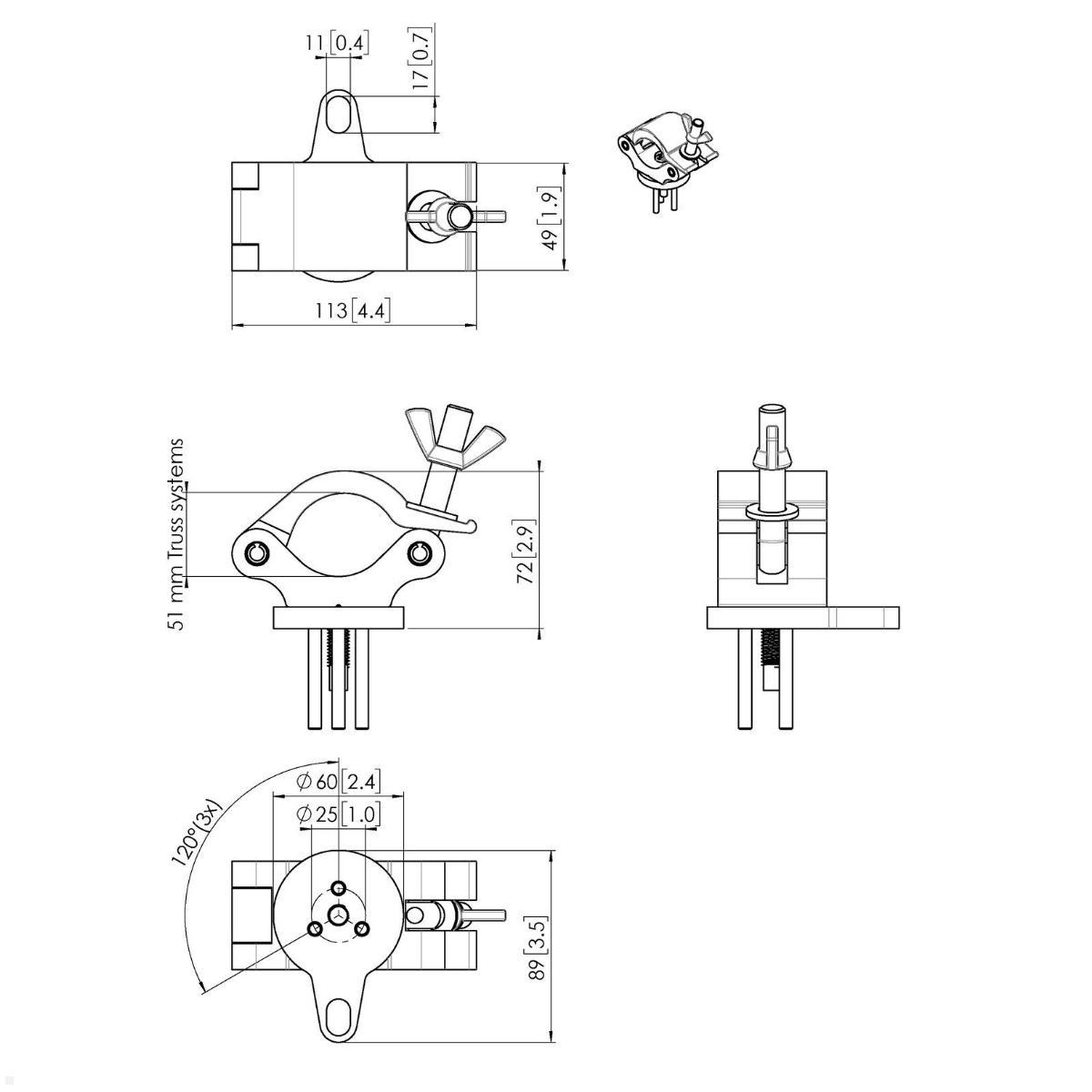 Technische Zeichnung einer Klemme mit Maßen und Ansichten.