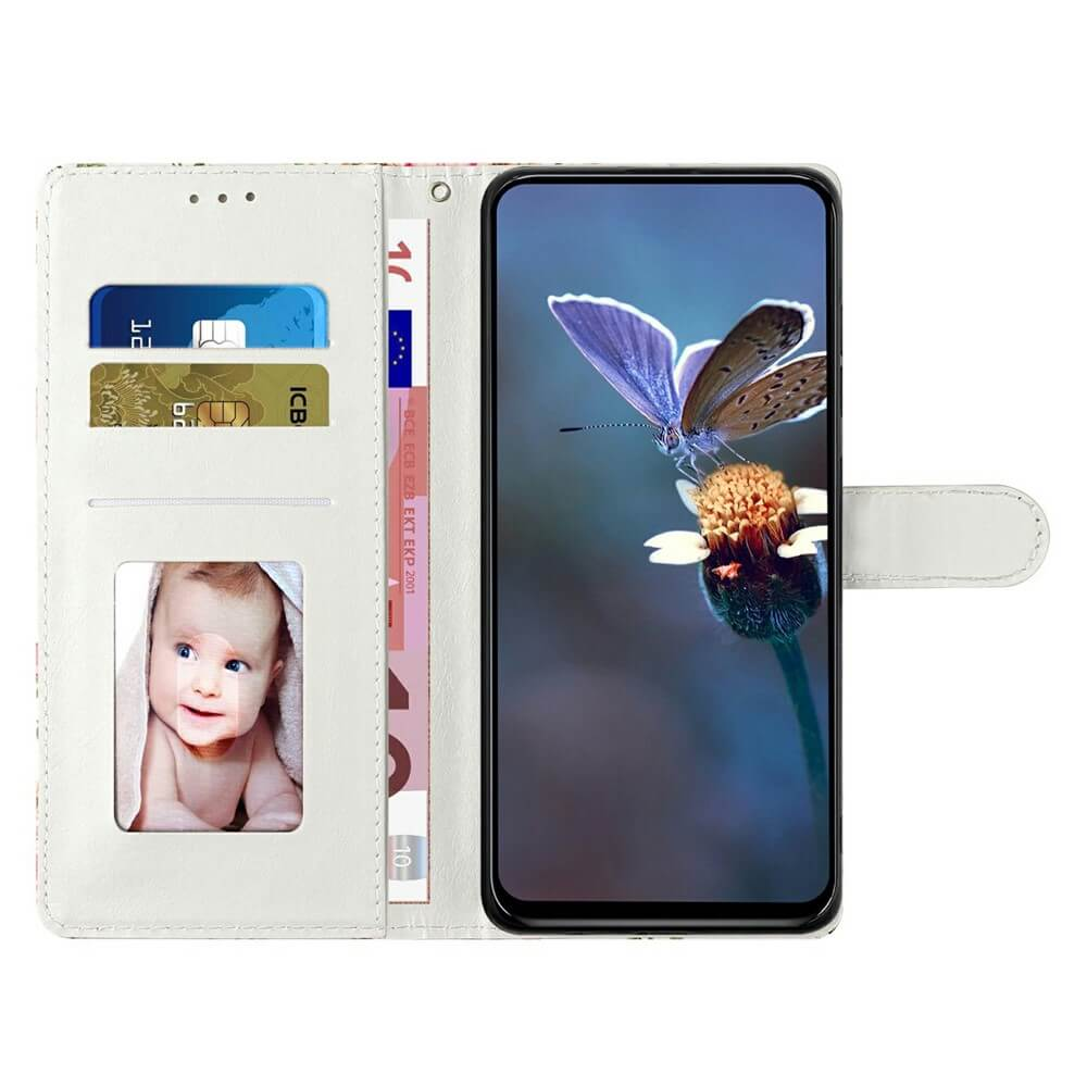 Custodia bianca per telefono con slot per carte, foto di bambino e farfalla su fiore.