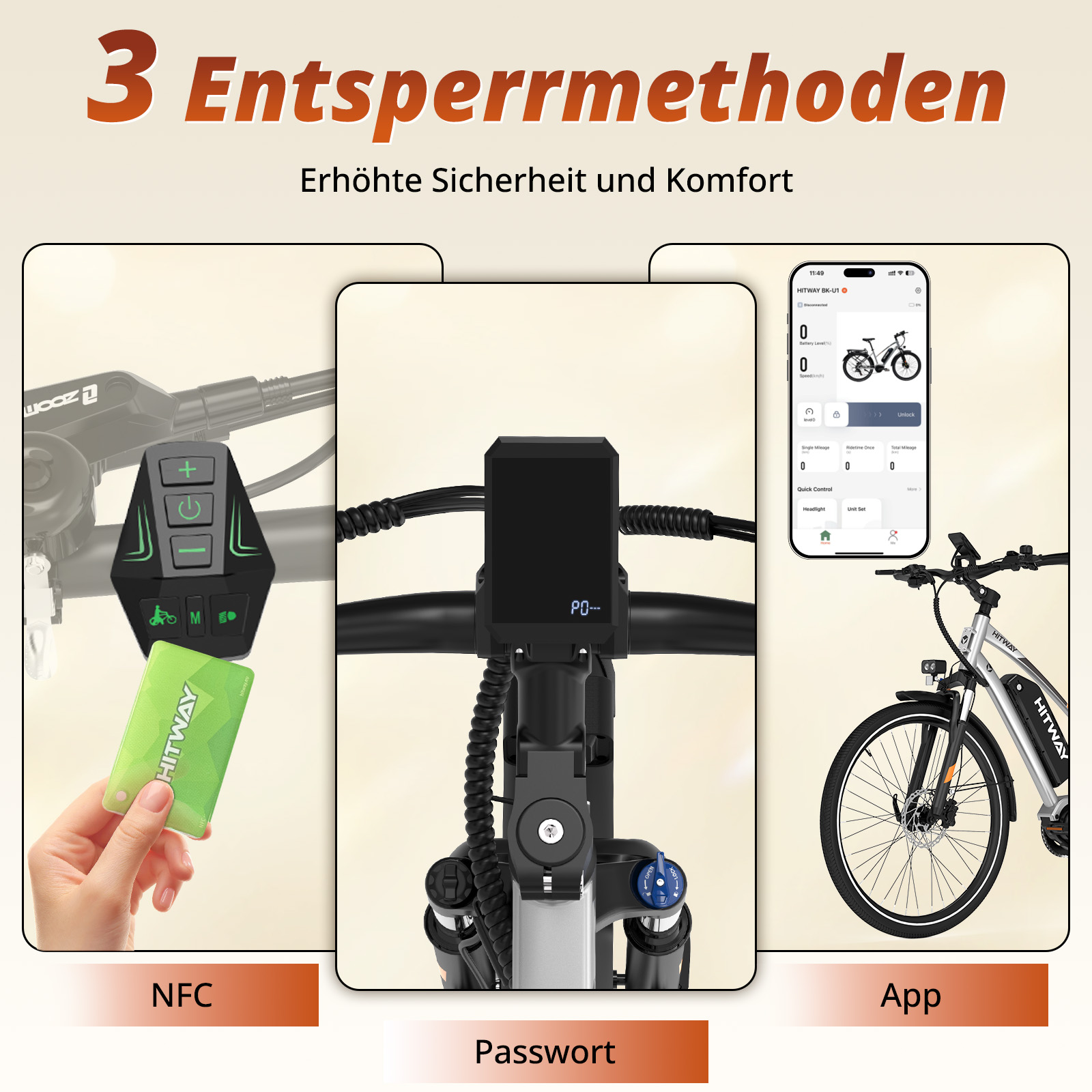 Drei Entsperrmethoden: NFC, Passwort und App für E-Bikes.