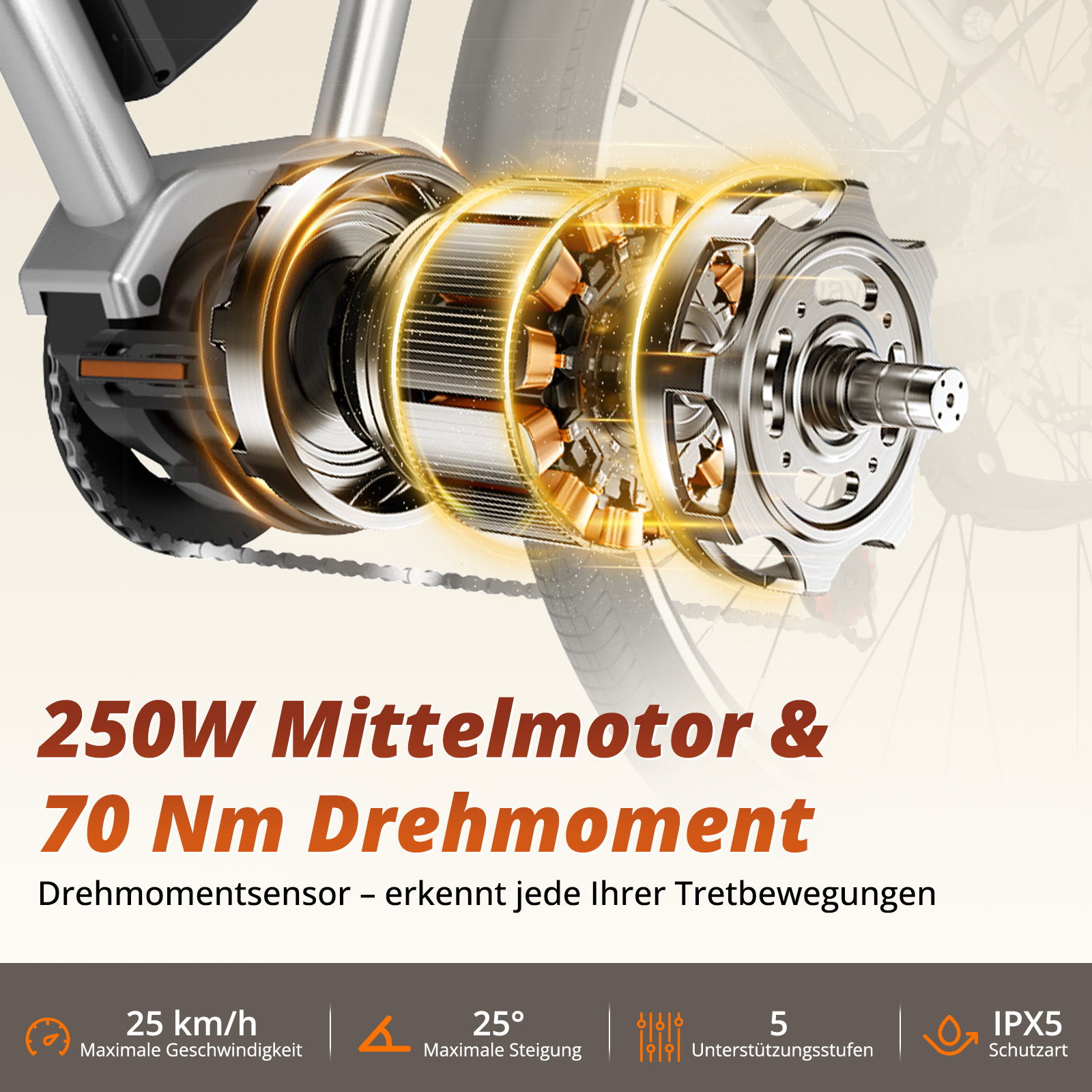 Nahaufnahme eines E-Bike-Mittelmotors mit Kupferwicklungen, 250W, 70Nm, IPX5.
